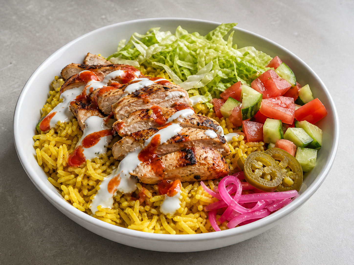 Halal-style chicken rice bowl with yellow rice, salad, and white sauce