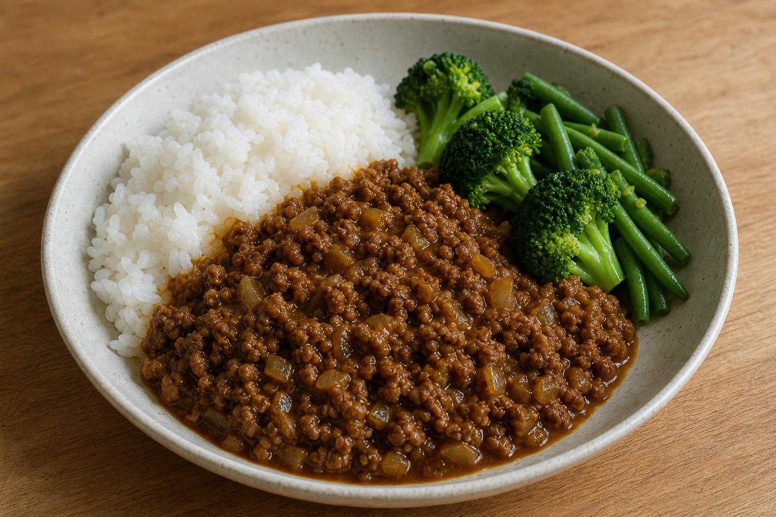 Japanese beef keema curry with white rice, broccoli, and green beans